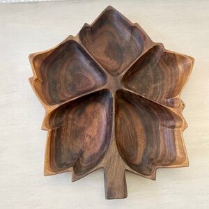 Large Vintage Wooden Leaf-Shaped Serving Bowl - 20" Long - MCM - 5 Compartments